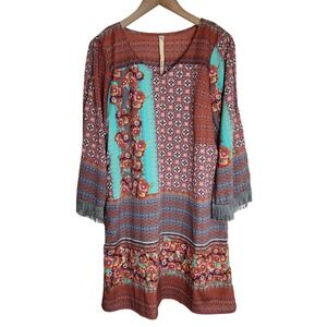 Uncle Frank Dress Women's Small Bohon Floral Fringe Sleeve Multicolor